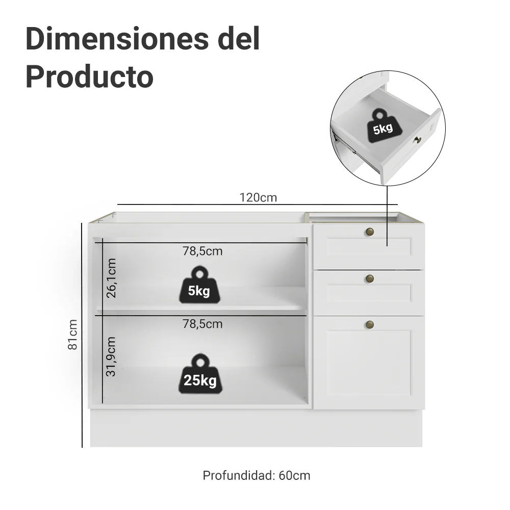Bajo Mesada Cocina 120 x 60 cm 2 Puertas 3 Cajones (Sin Mesada) Blanco Vik Madesa - Image 2