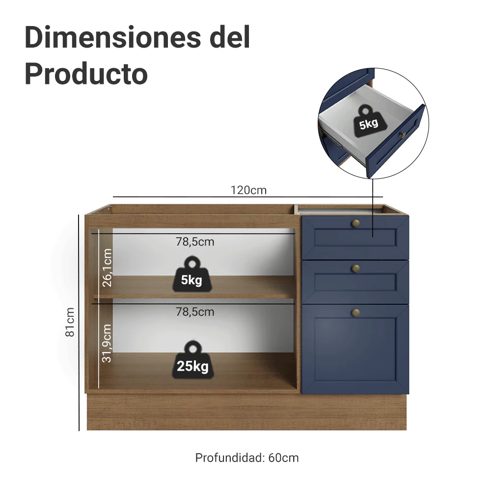 Bajo Mesada Cocina 120 x 60 cm 2 Puertas 3 Cajones (Sin Mesada) Marrón/Azul Vik Madesa - Image 2