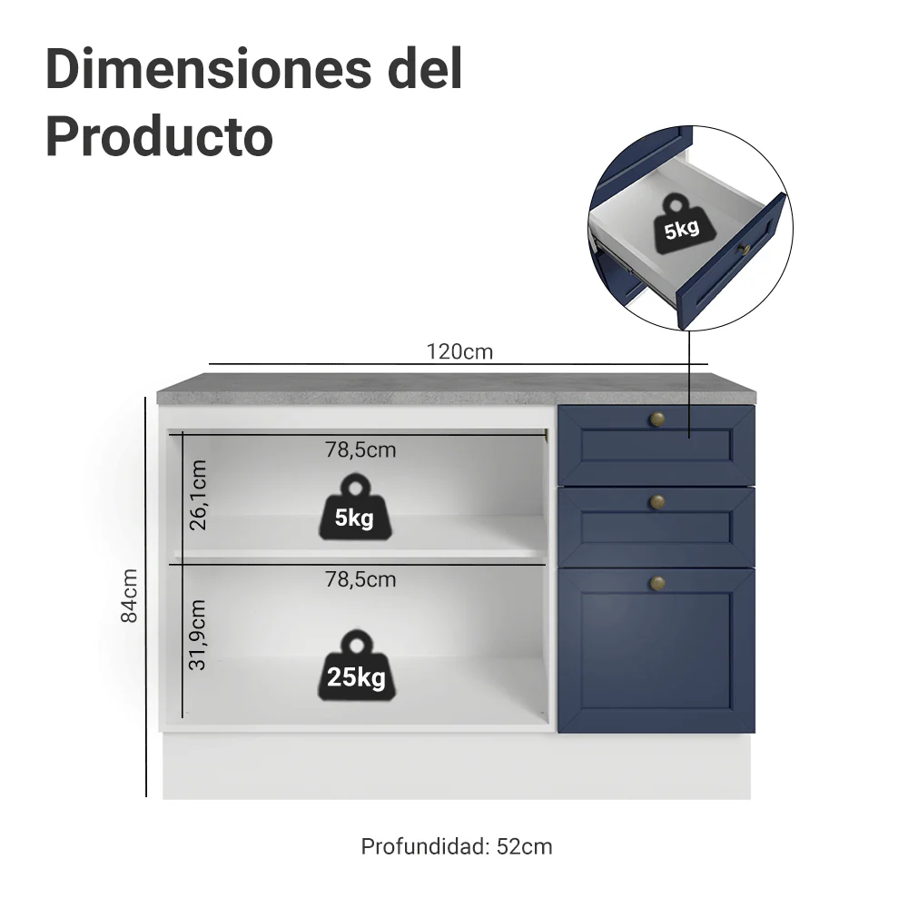 Bajo Mesada Cocina 120 cm 2 Puertas 3 Cajones (Con Mesada) Blanco/Azul Vik Madesa - Image 2