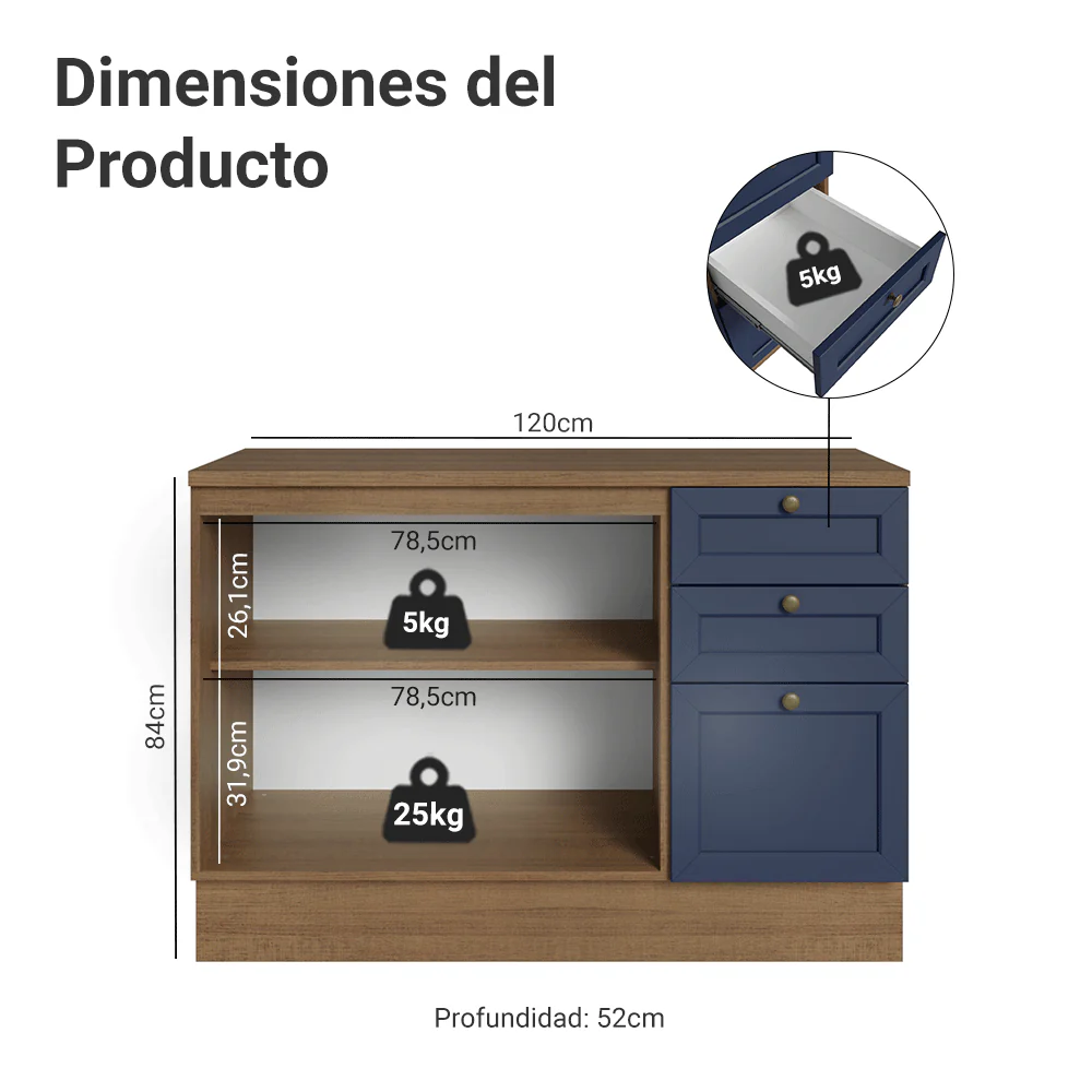 Bajo Mesada Cocina 120 cm 2 Puertas 3 Cajones (Con Mesada) Marrón/Azul Vik Madesa - Image 2