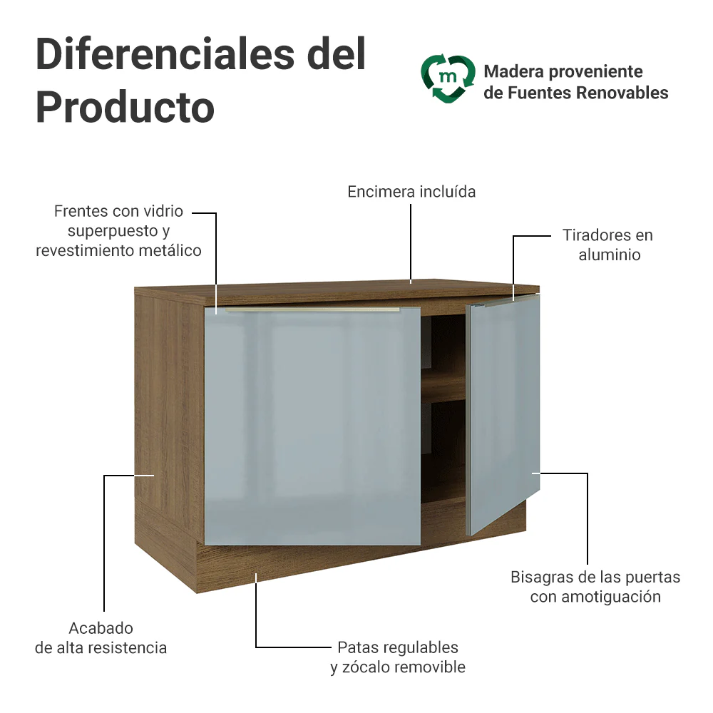 Bajo Mesada de Cocina 120 cm 2 Puetas (Con Mesada) Marrón/Gris Lux Madesa - Image 3