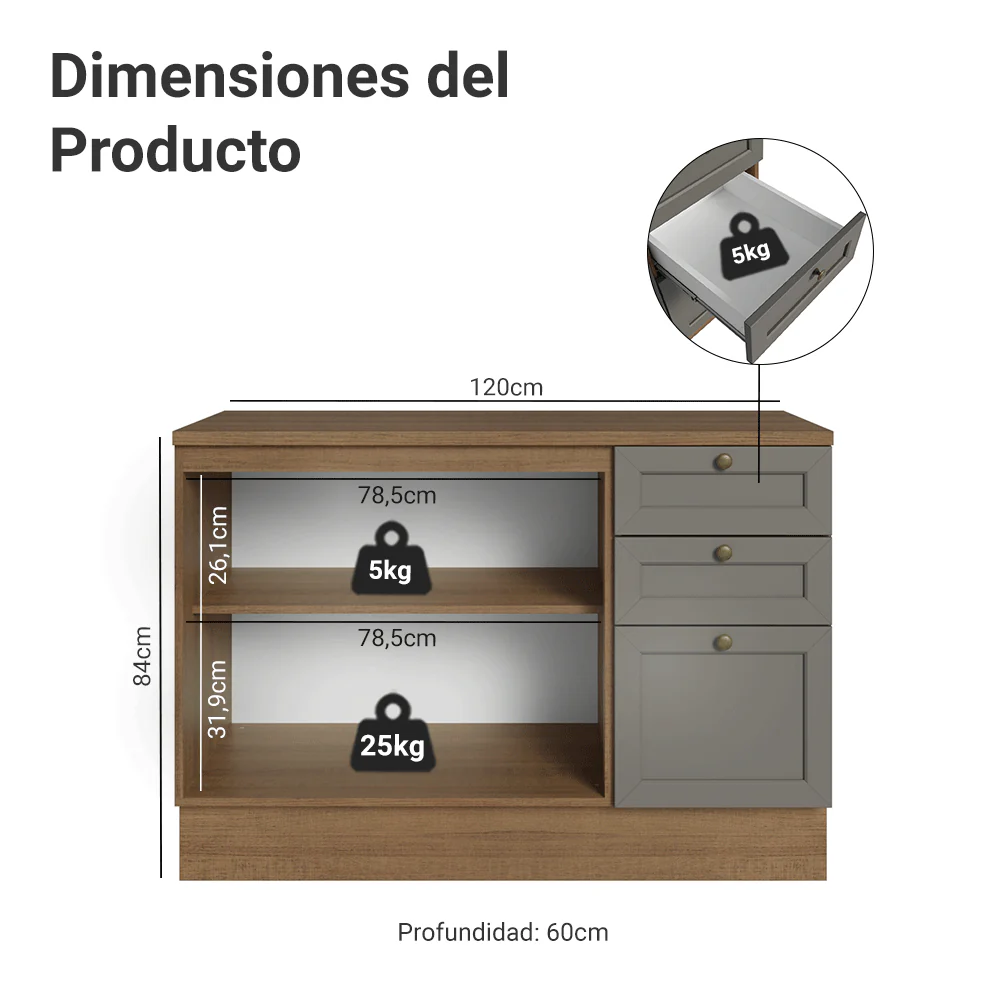 Bajo Mesada Cocina 120 x 60 cm 2 Puertas 3 Cajones (con Mesada) Marrón/Gris Vik Madesa - Image 2