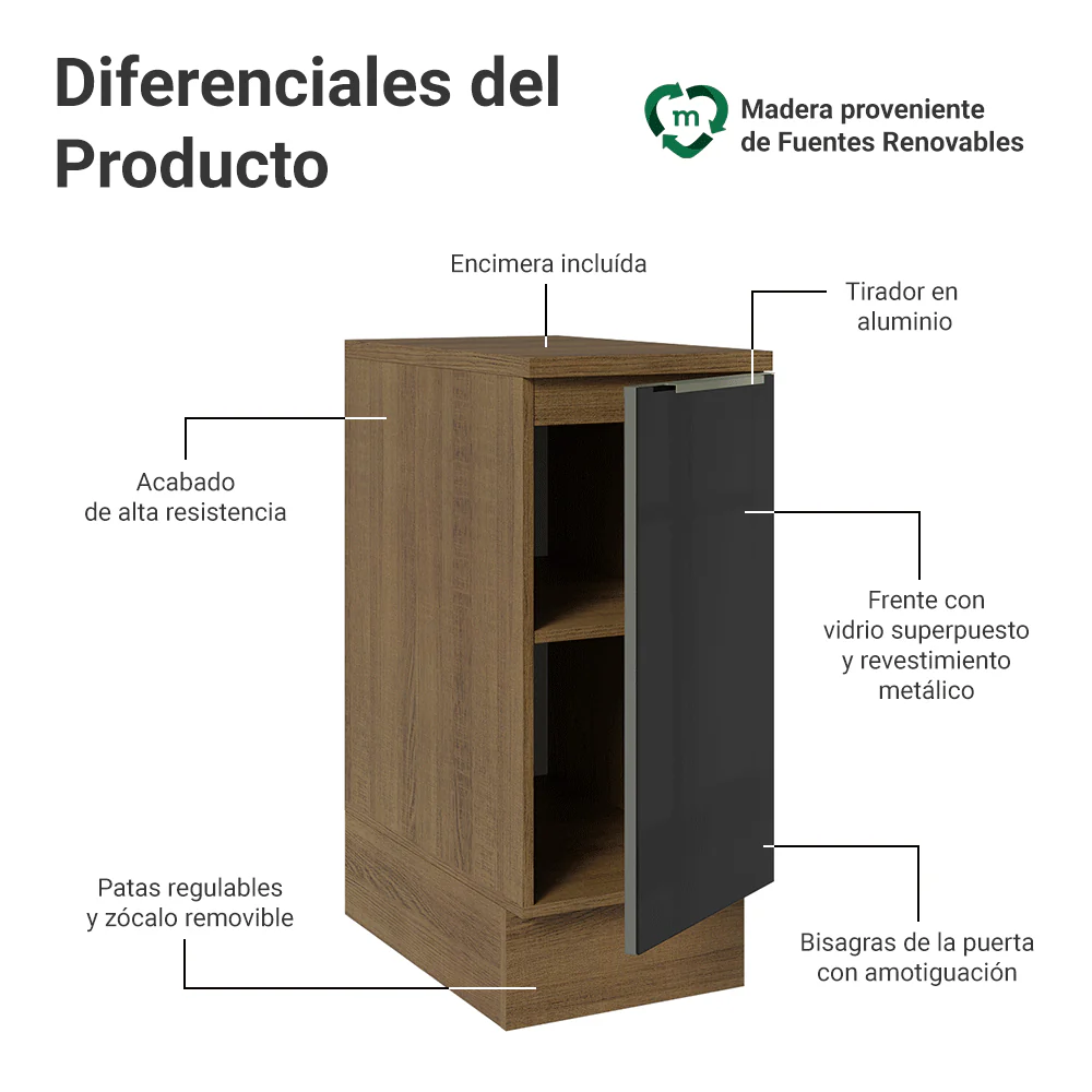 Bajo Mesada de Cocina 35 cm 1 Puerta (Con Mesada) Marrón/Negro Lux Madesa - Image 3