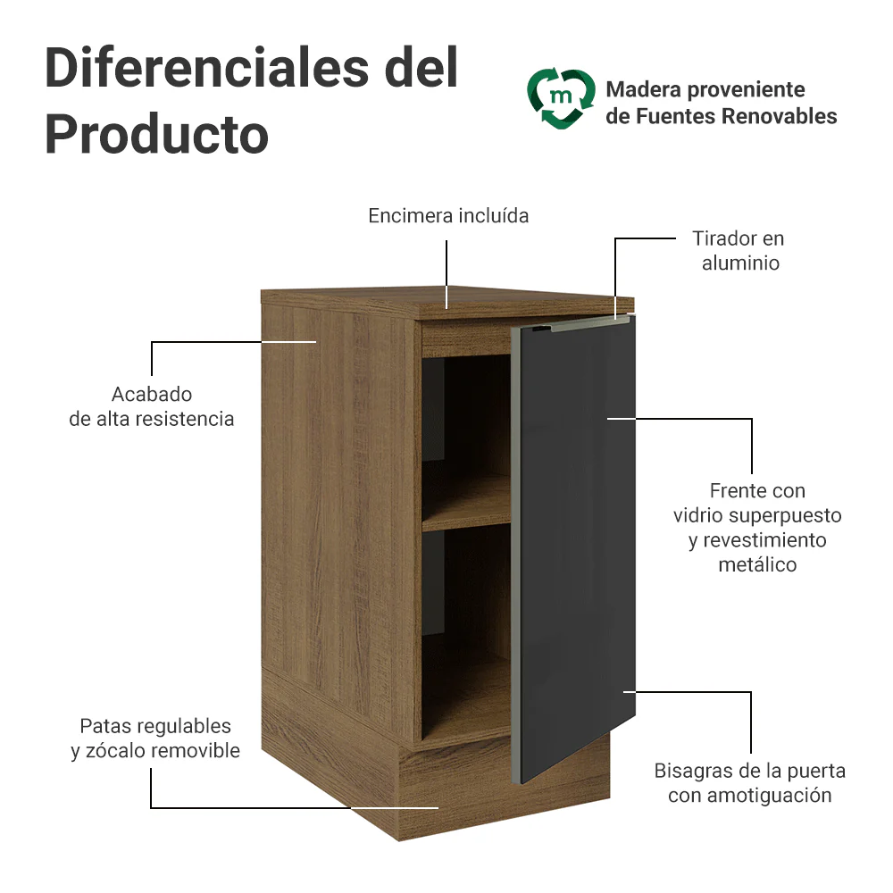 Bajo Mesada de Cocina 40 cm 1 Puerta (Con Mesada) Marrón/Negro Lux Madesa - Image 3