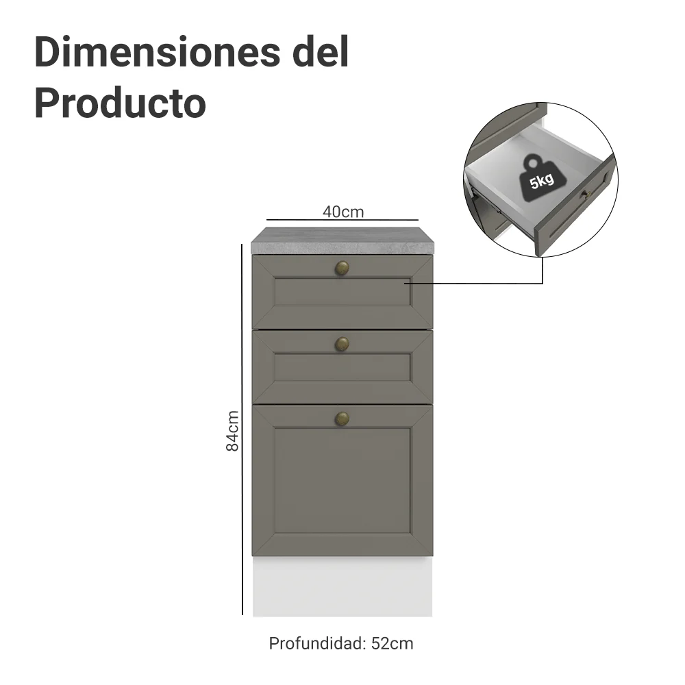 Bajo Mesada de Cocina 40 cm 3 Cajones Blanco/Gris Vik Madesa - Image 2