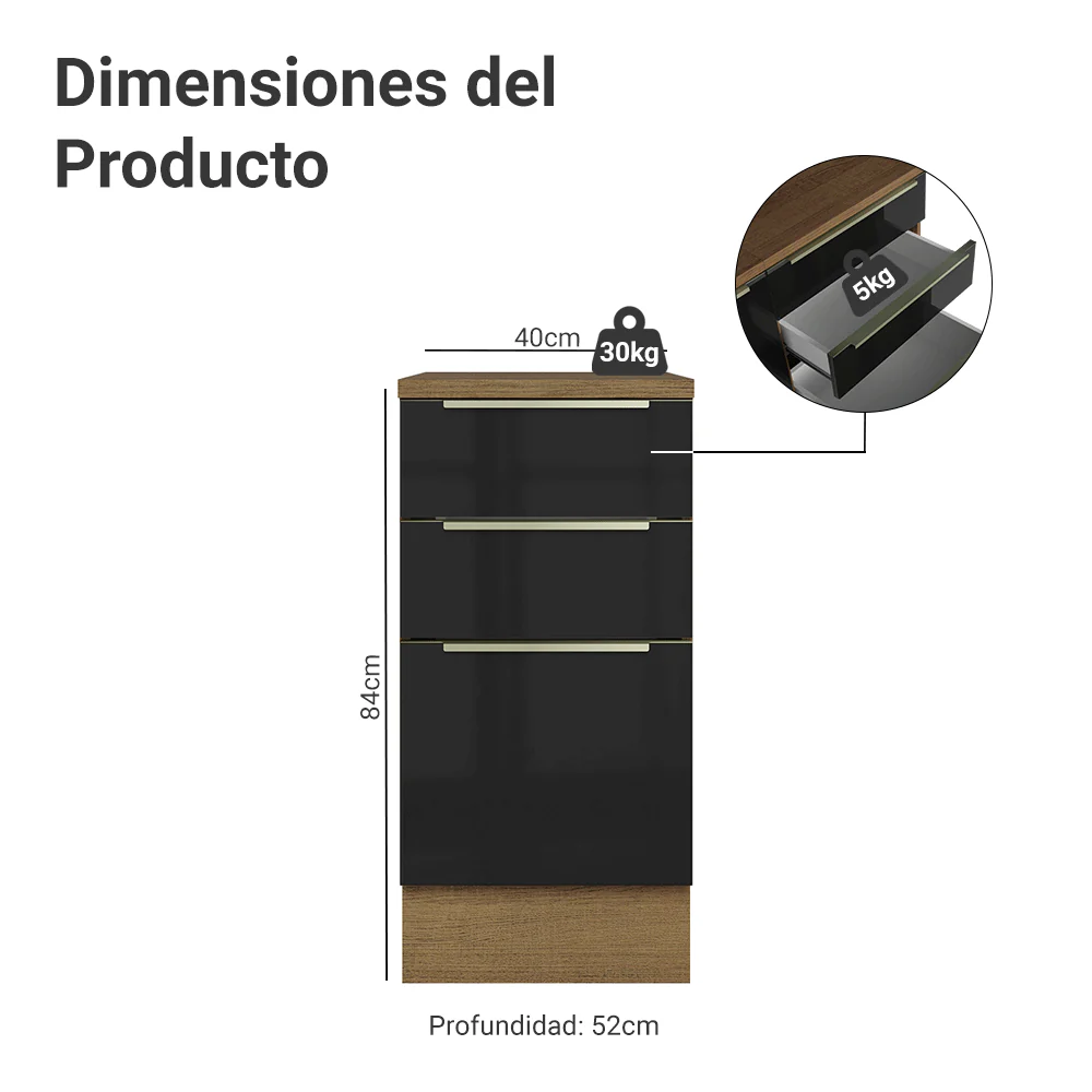 Bajo Mesada de Cocina 40 cm 3 Cajones (Con Mesada) Marrón/Negro Lux Madesa - Image 2