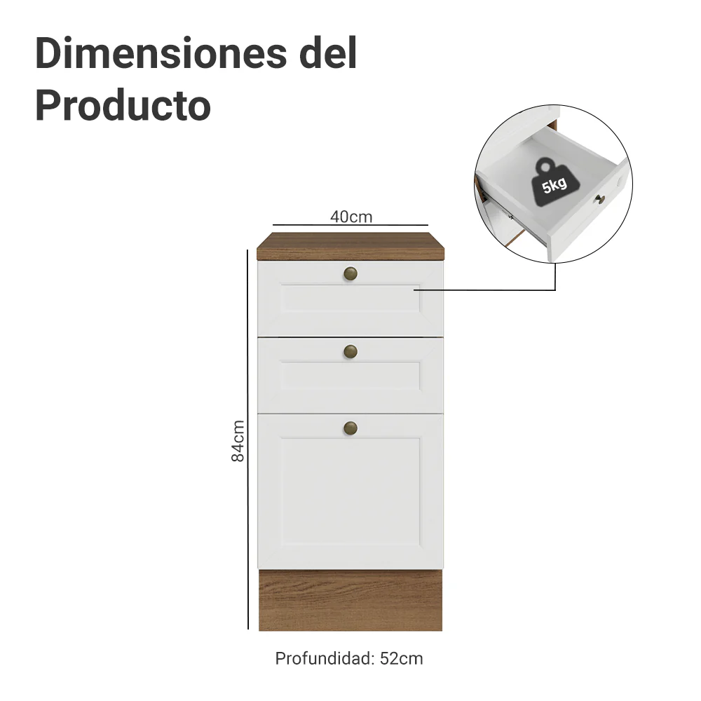 Bajo Mesada de Cocina 40 cm 3 Cajones Marrón/Blanco Vik Madesa - Image 2