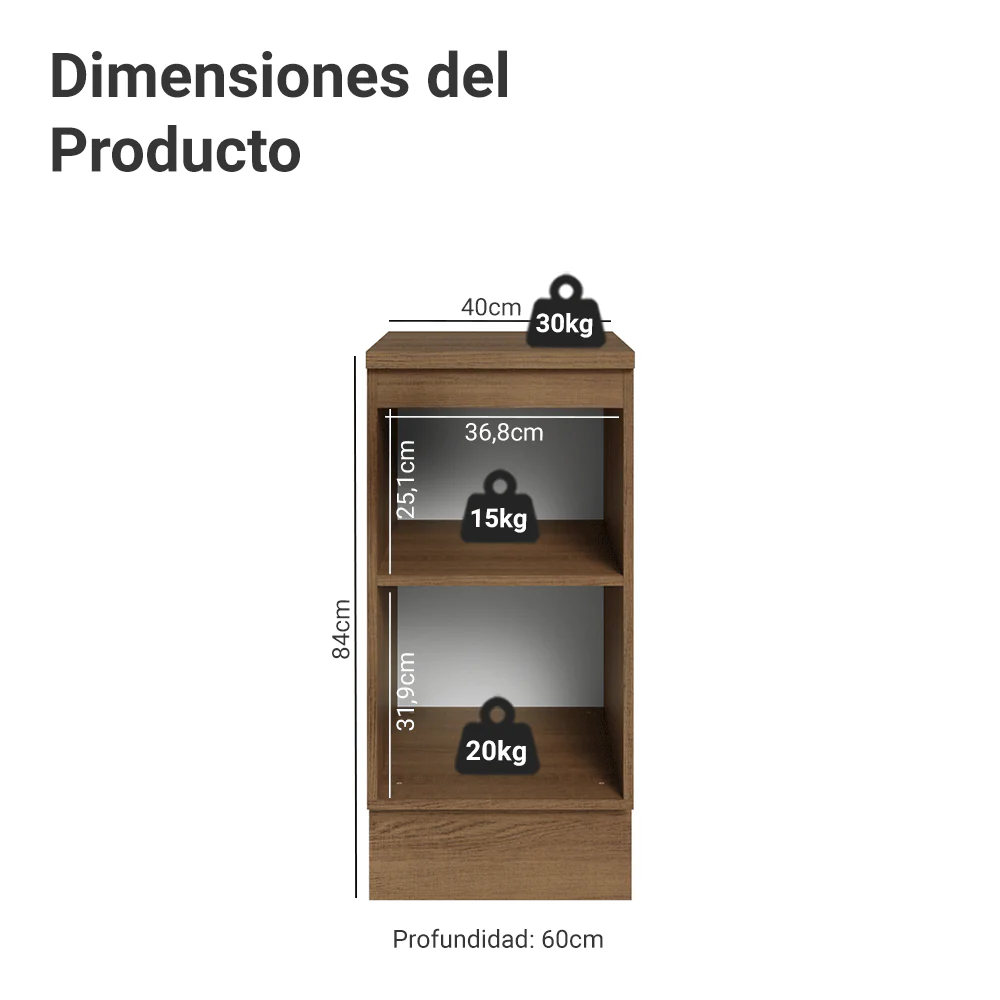 Bajo Mesada de Cocina 40 x 60 cm 1 Puerta (con Mesada) Marrón/Gris Vik Madesa - Image 2