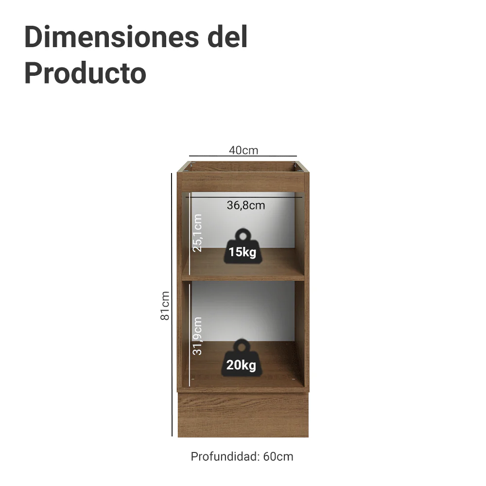Bajo Mesada de Cocina 40 x 60 cm 1 Puerta (Sin Mesada) Marrón/Gris Vik Madesa - Image 2