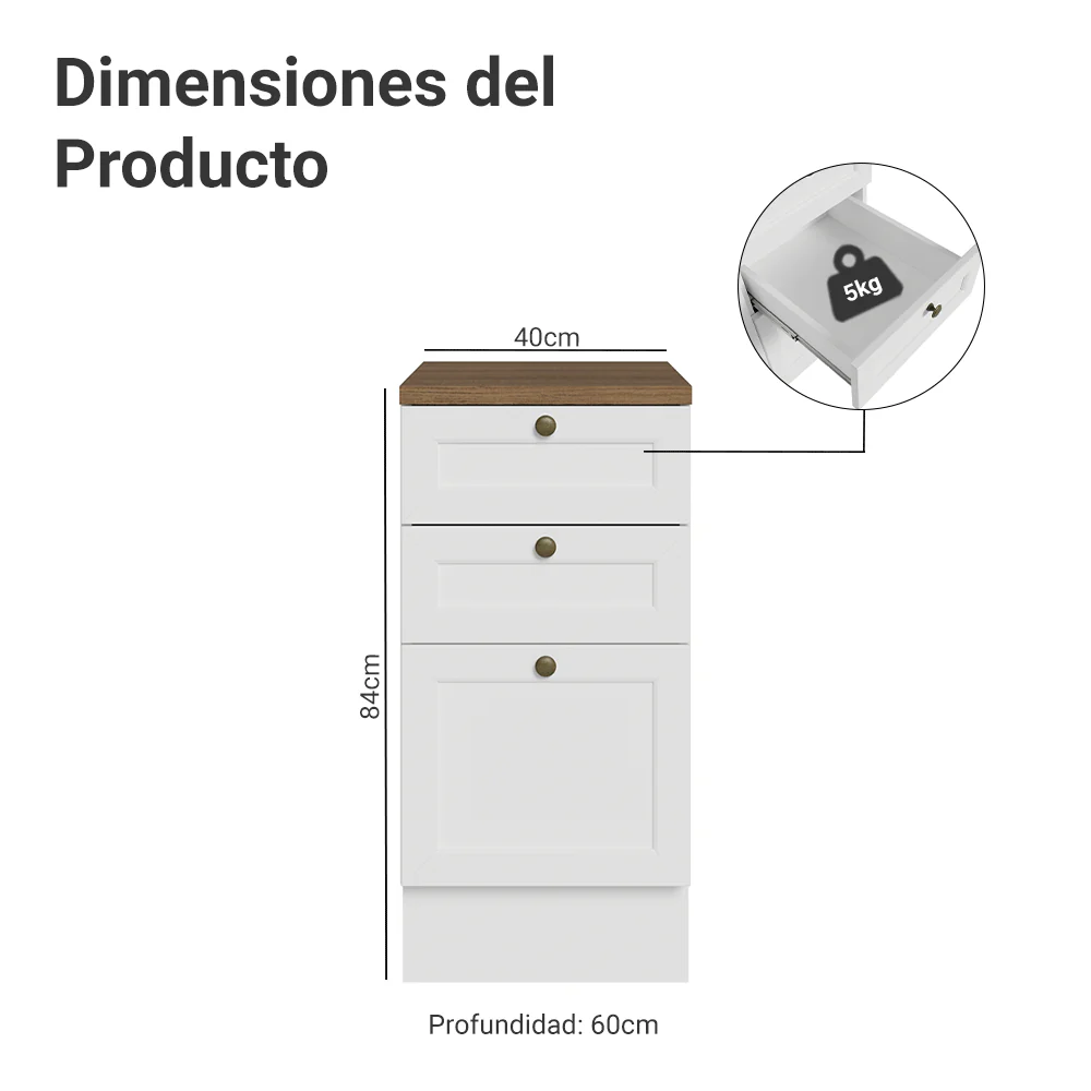 Bajo Mesada de Cocina 40 x 60 cm 3 Cajones (con Mesada) Blanco/Marrón Vik Madesa - Image 2
