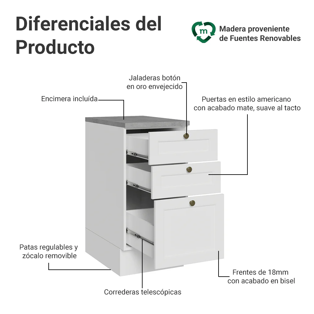 Bajo Mesada de Cocina 40 x 60 cm 3 Cajones (con Mesada) Blanco Vik Madesa - Image 3