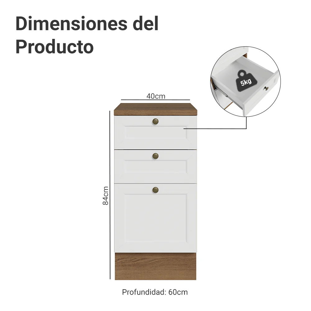 Bajo Mesada de Cocina 40 x 60 cm 3 Cajones (con Mesada) Marrón/Blanco Vik Madesa - Image 2