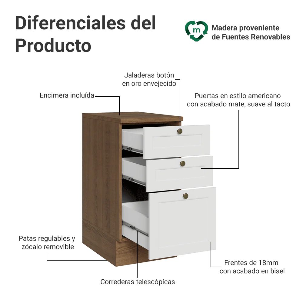 Bajo Mesada de Cocina 40 x 60 cm 3 Cajones (con Mesada) Marrón/Blanco Vik Madesa - Image 3
