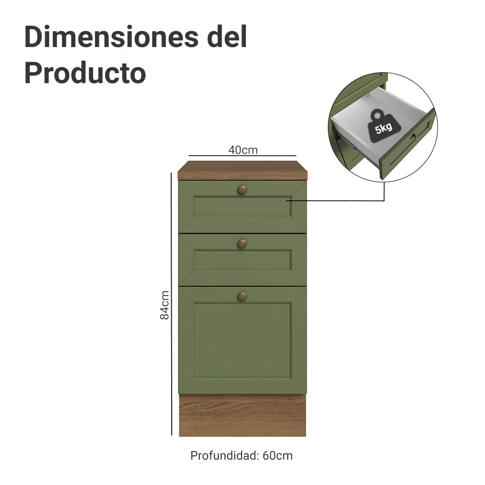 Bajo Mesada de Cocina 40 x 60 cm 3 Cajones (con Mesada) Marrón/Verde Vik Madesa - Image 2