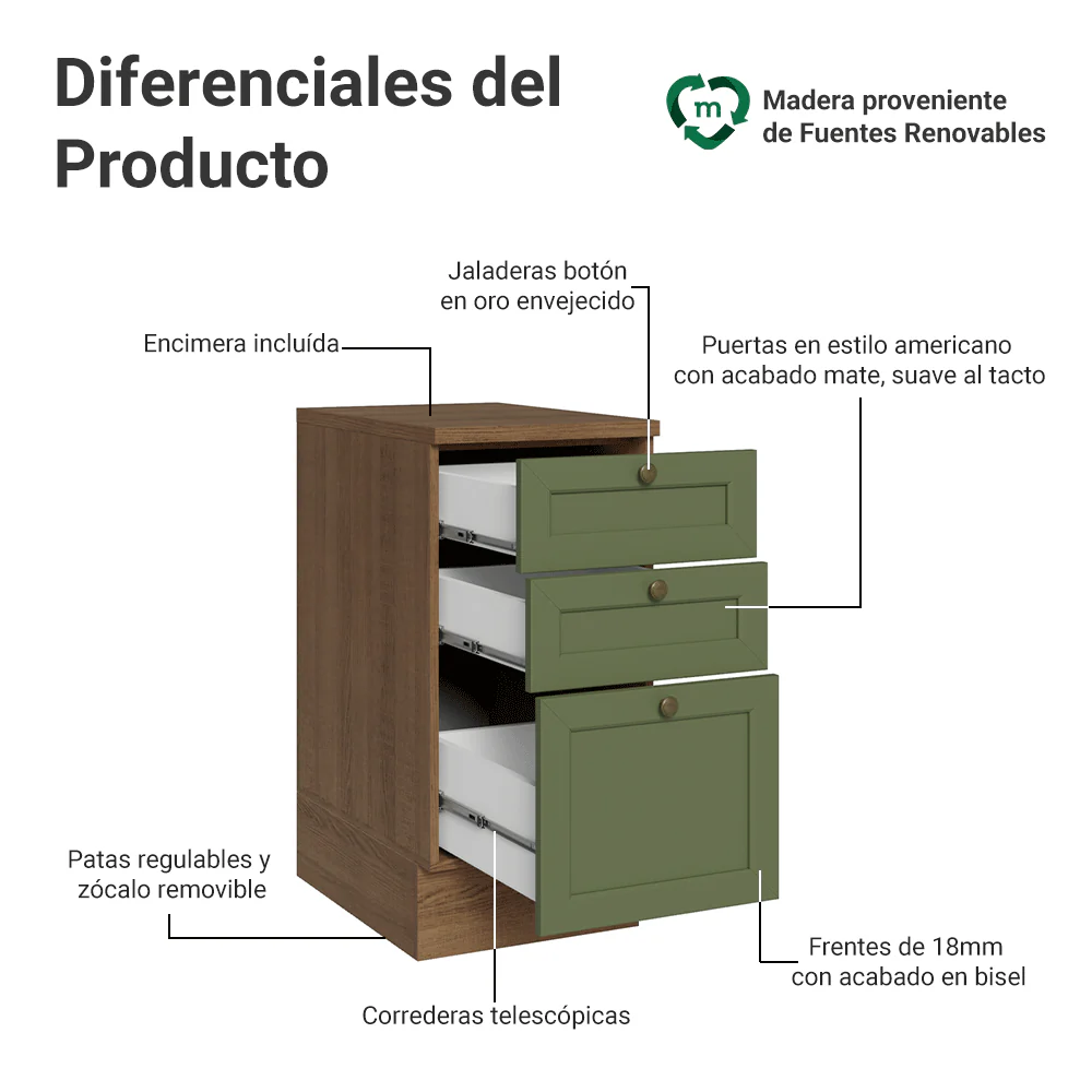 Bajo Mesada de Cocina 40 x 60 cm 3 Cajones (con Mesada) Marrón/Verde Vik Madesa - Image 3