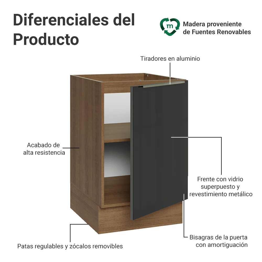 Bajo Mesada de Cocina 50 cm 1 Puerta (Sin Mesada) Marrón/Negro Lux Madesa - Image 3
