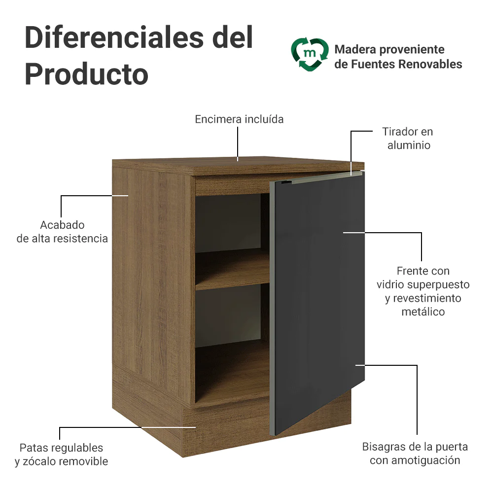 Bajo Mesada de Cocina 60 cm 1 Puerta (Con Mesada) Marrón/Negro Lux Madesa - Image 3