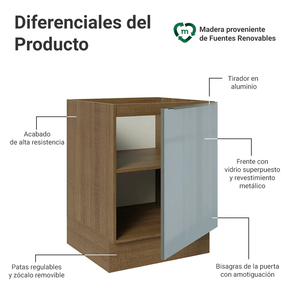 Bajo Mesada de Cocina 60 cm 1 Puerta (Sin Mesada) Marrón/Gris Lux Madesa - Image 3