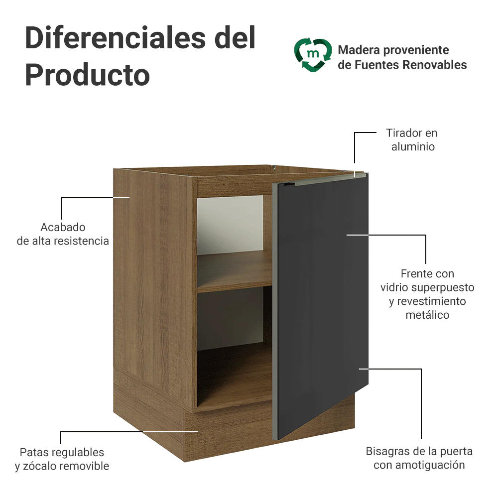 Bajo Mesada de Cocina 60 cm 1 Puerta (Sin Mesada) Marrón/Negro Lux Madesa - Image 3