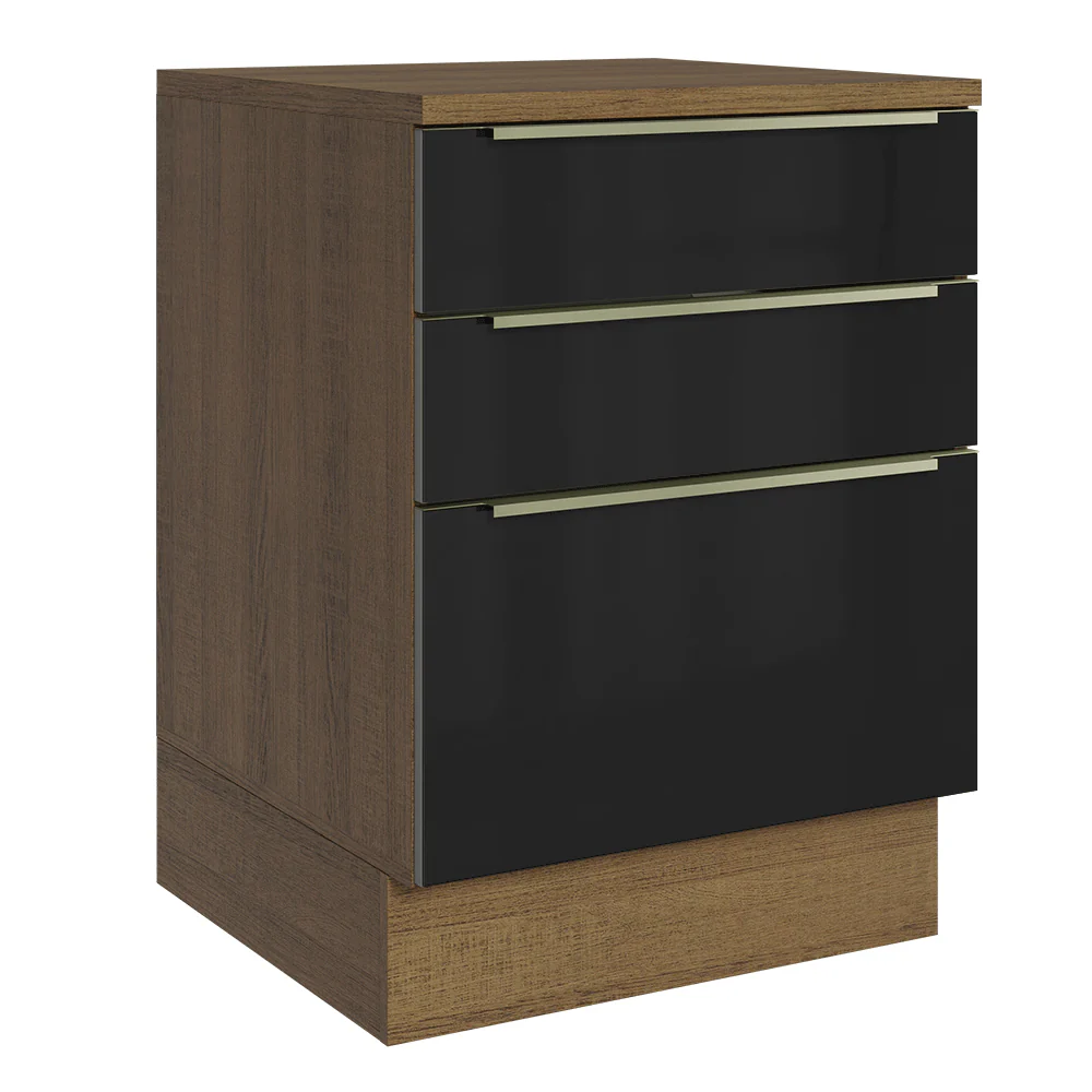 Bajo Mesada de Cocina 60 cm 3 Cajones (Con Mesada) Marrón/Negro Lux Madesa
