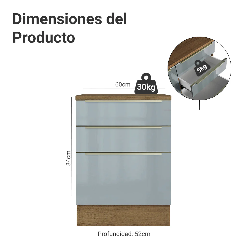 Bajo Mesada de Cocina 60 cm 3 Cajones Marrón/Gris Lux Madesa - Image 2