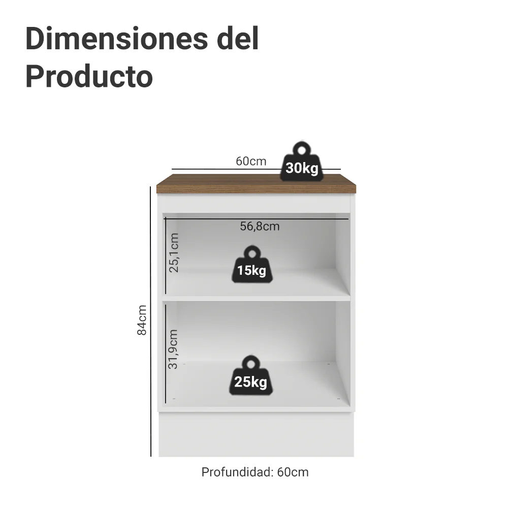 Bajo Mesada de Cocina 60 x 60 cm 1 Puerta (con Mesada) Blanco/Marrón Vik Madesa - Image 2