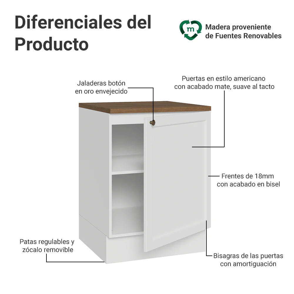 Bajo Mesada de Cocina 60 x 60 cm 1 Puerta (con Mesada) Blanco/Marrón Vik Madesa - Image 3