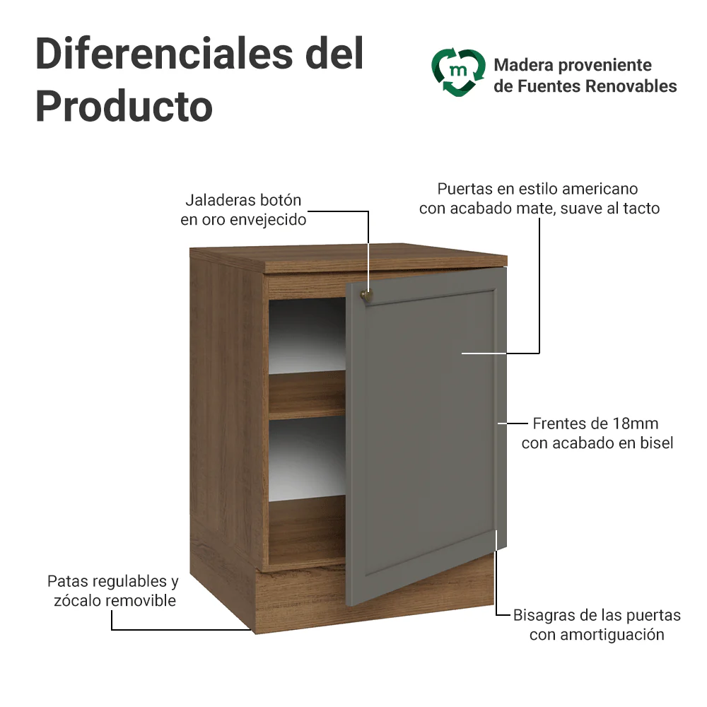 Bajo Mesada de Cocina 60 x 60 cm 1 Puerta (con Mesada) Marrón/Gris Vik Madesa - Image 3