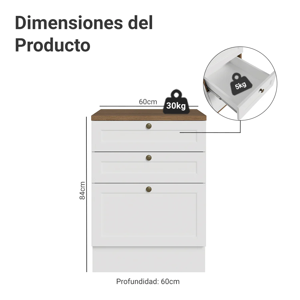 Bajo Mesada de Cocina 60 x 60 cm 3 Cajones (con Mesada) Blanco/Marrón Vik Madesa - Image 2