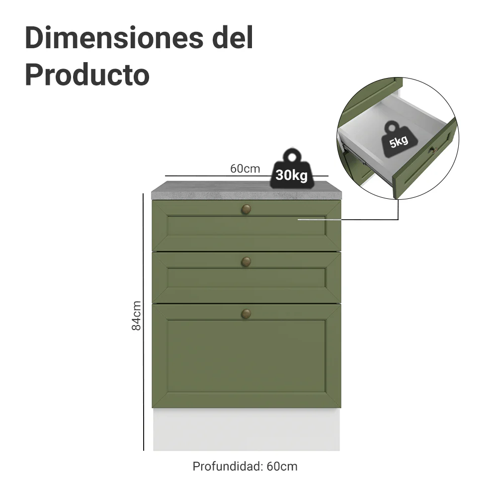 Bajo Mesada de Cocina 60 x 60 cm 3 Cajones (con Mesada) Blanco/Verde Vik Madesa - Image 2