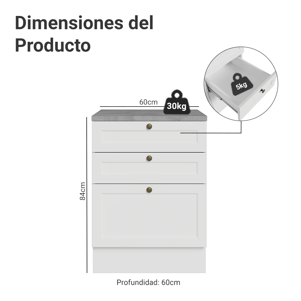 Bajo Mesada de Cocina 60 x 60 cm 3 Cajones (con Mesada) Blanco Vik Madesa - Image 2