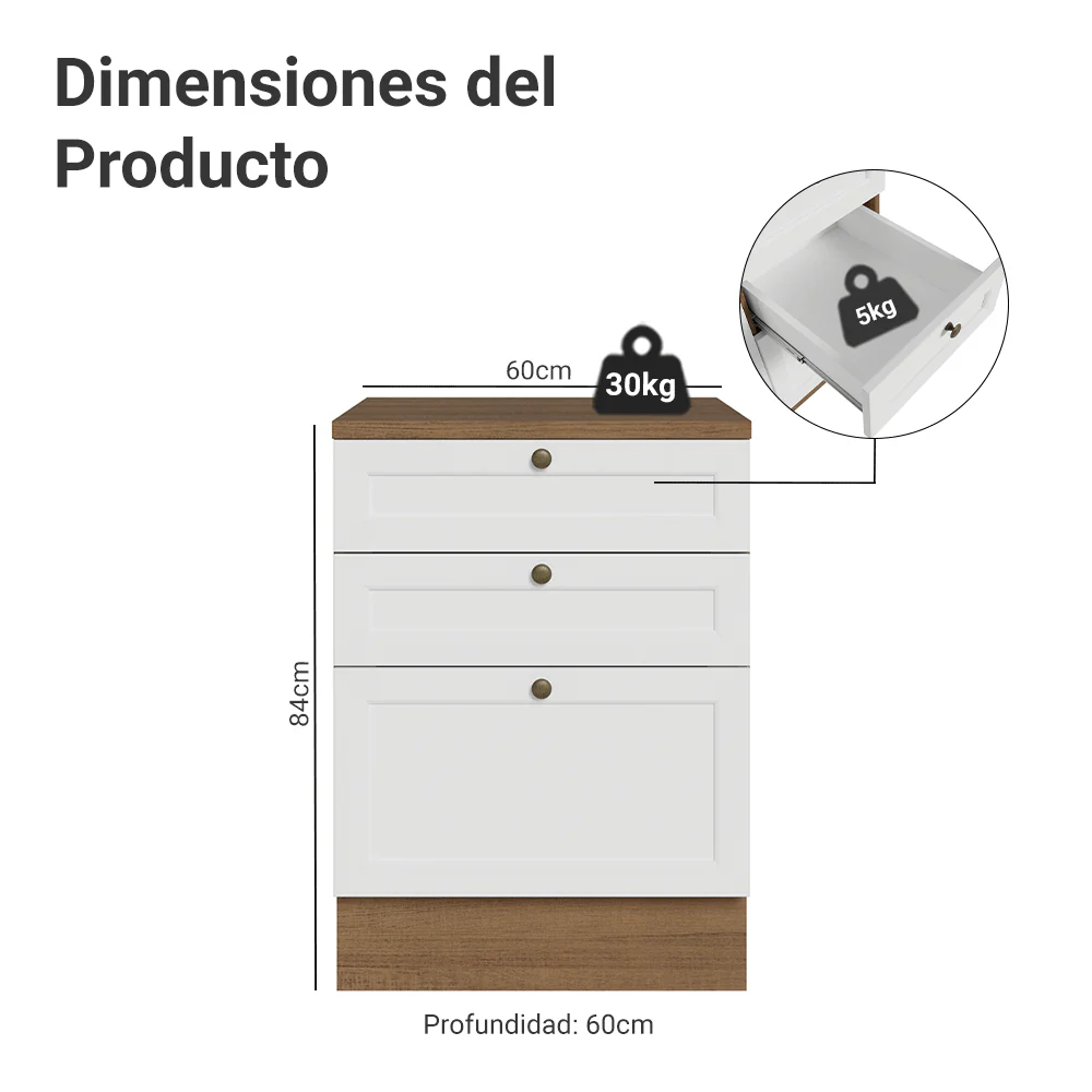 Bajo Mesada de Cocina 60 x 60 cm 3 Cajones (con Mesada) Marrón/Blanco Vik Madesa - Image 2
