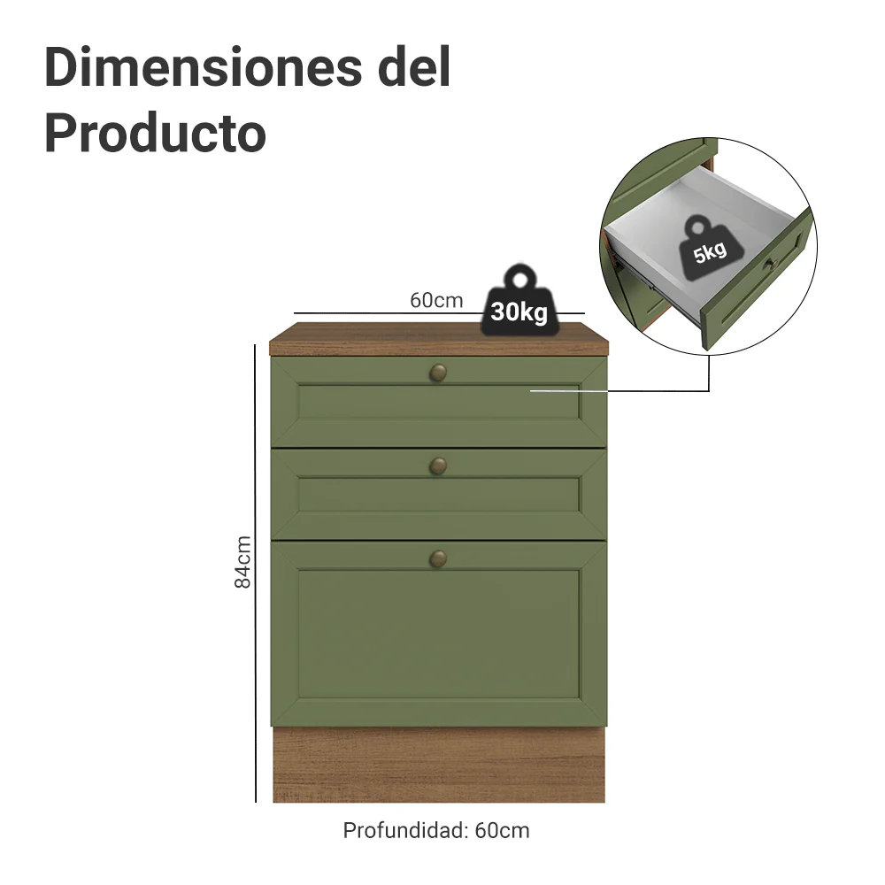 Bajo Mesada de Cocina 60 x 60 cm 3 Cajones (con Mesada) Marrón/Verde Vik Madesa - Image 2