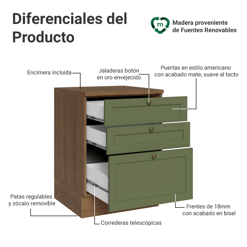 Bajo Mesada de Cocina 60 x 60 cm 3 Cajones (con Mesada) Marrón/Verde Vik Madesa - Image 3