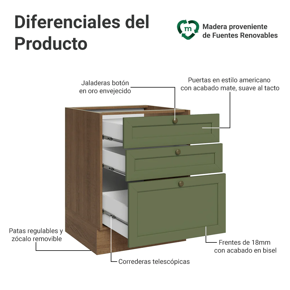 Bajo Mesada de Cocina 60 x 60 cm 3 Cajones (Sin Mesada) Marrón/Verde Vik Madesa - Image 3