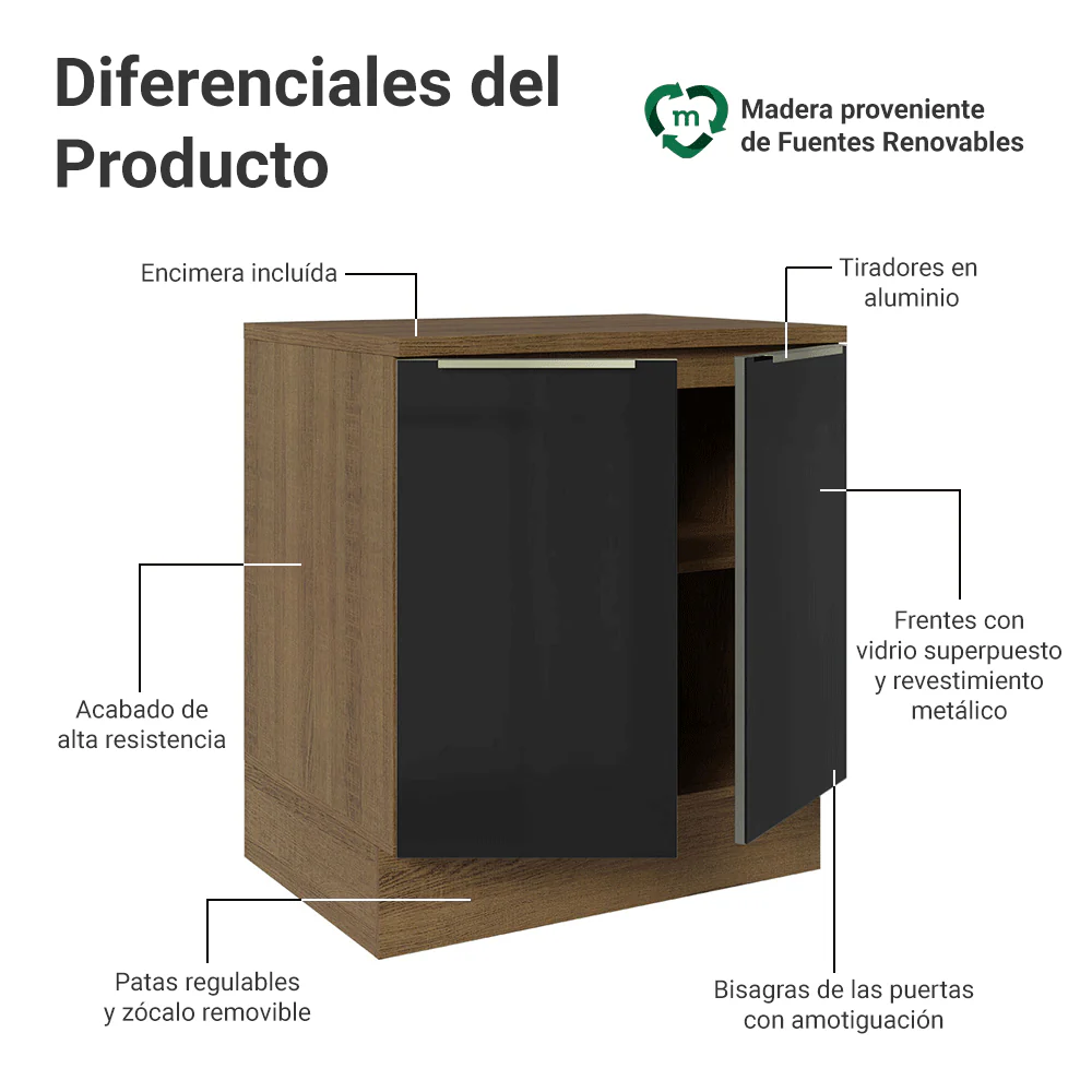 Bajo Mesada de Cocina 70 cm 2 Puetas (Con Mesada) Marrón/Negro Lux Madesa - Image 3
