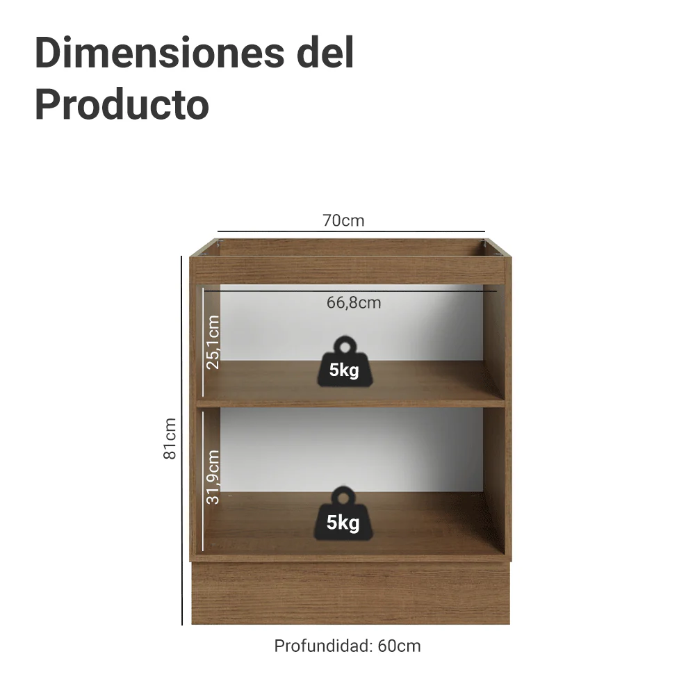 Bajo Mesada de Cocina 70 x 60 cm 2 Puertas (Sin Mesada) Marrón/Blanco Vik Madesa - Image 2