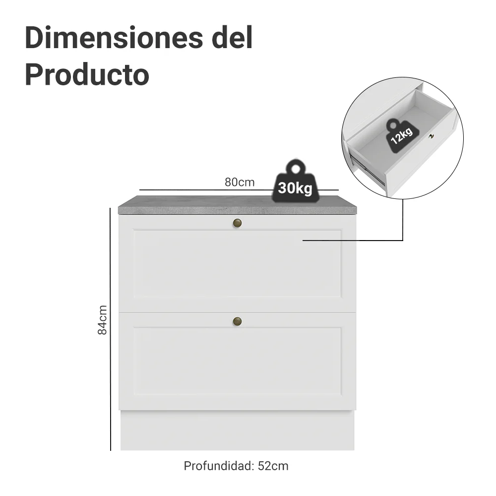 Bajo Mesada de Cocina 80 cm 2 Cajones Blanco Vik Madesa - Image 2