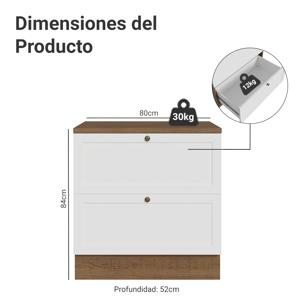 Bajo Mesada de Cocina 80 cm 2 Cajones Marrón/Blanco Vik Madesa - Image 2