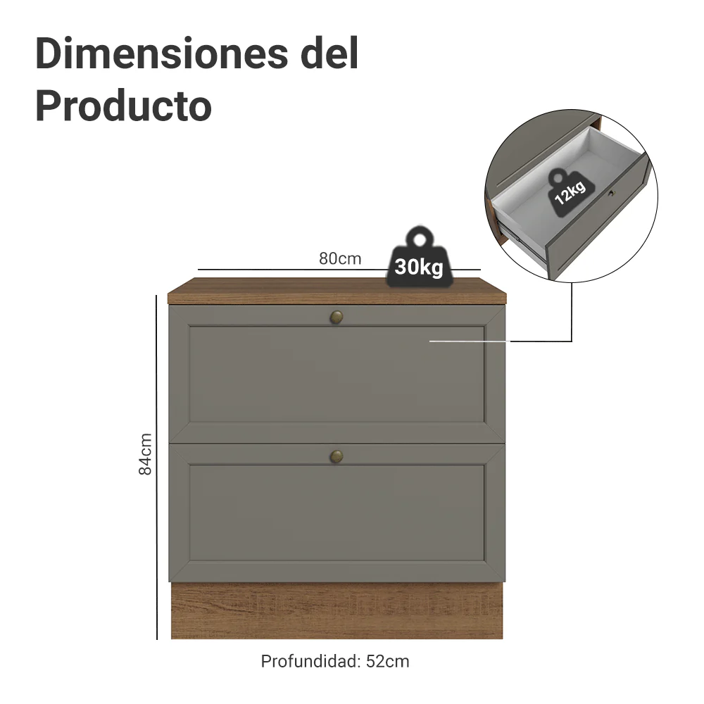Bajo Mesada de Cocina 80 cm 2 Cajones Marrón/Gris Vik Madesa - Image 2