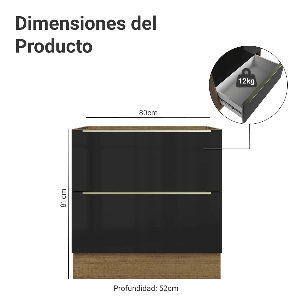 Bajo Mesada de Cocina 80 cm 2 Cajones (Sin Mesada) Marrón/Negro Lux Madesa - Image 2