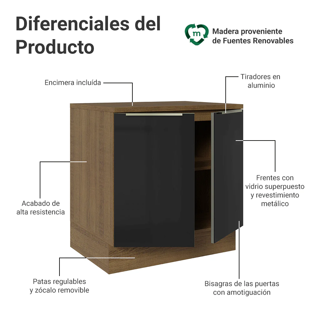 Bajo Mesada de Cocina 80 cm 2 Puetas (Con Mesada) Marrón/Negro Lux Madesa - Image 3
