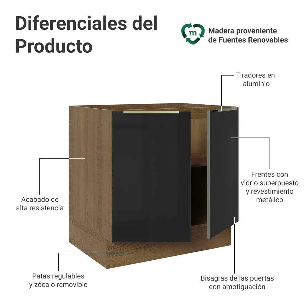 Bajo Mesada de Cocina 80 cm 2 Puetas (Sin Mesada) Marrón/Negro Lux Madesa - Image 3