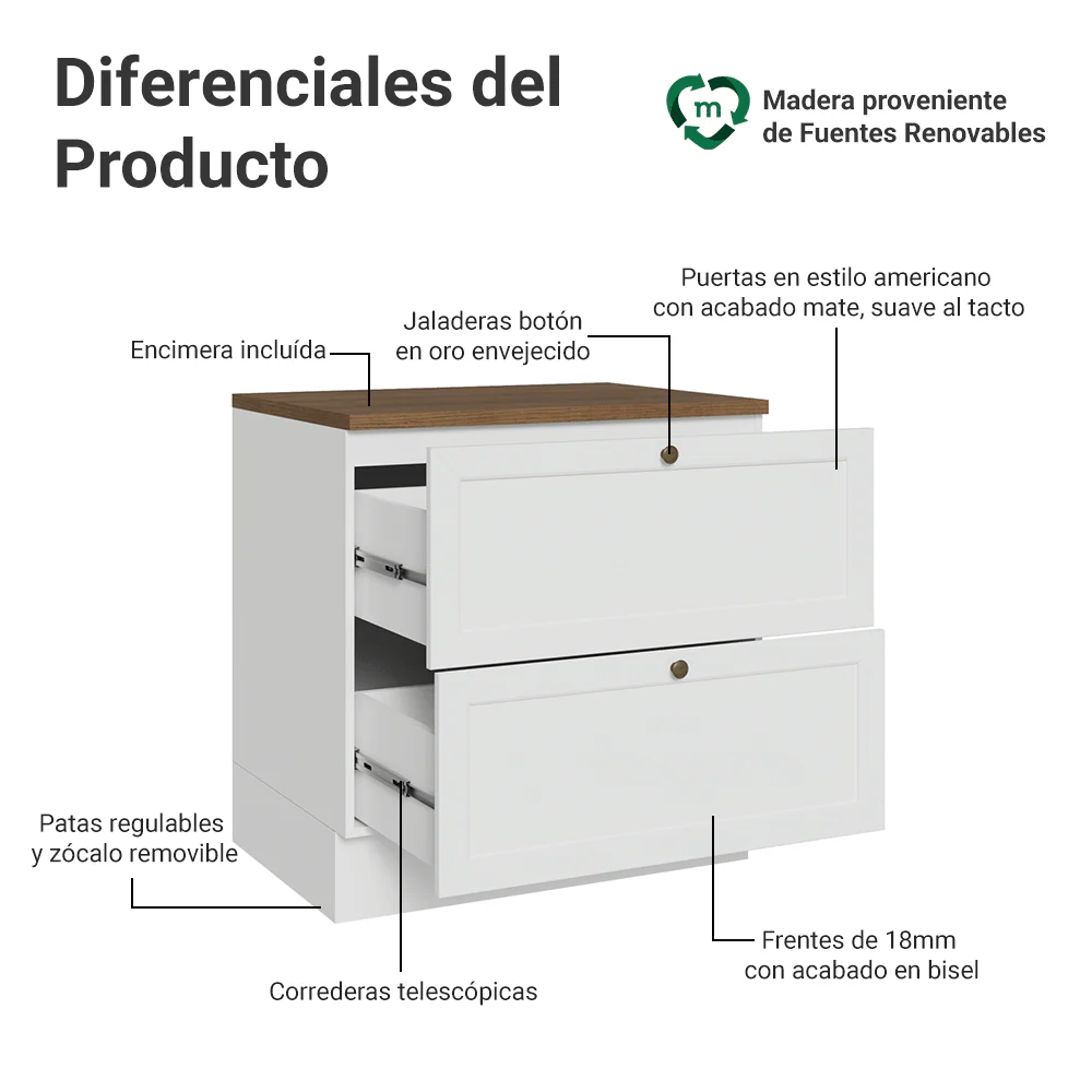 Bajo Mesada de Cocina 80 x 60 cm 2 Cajones (con Mesada) Blanco/Marrón Vik Madesa - Image 3