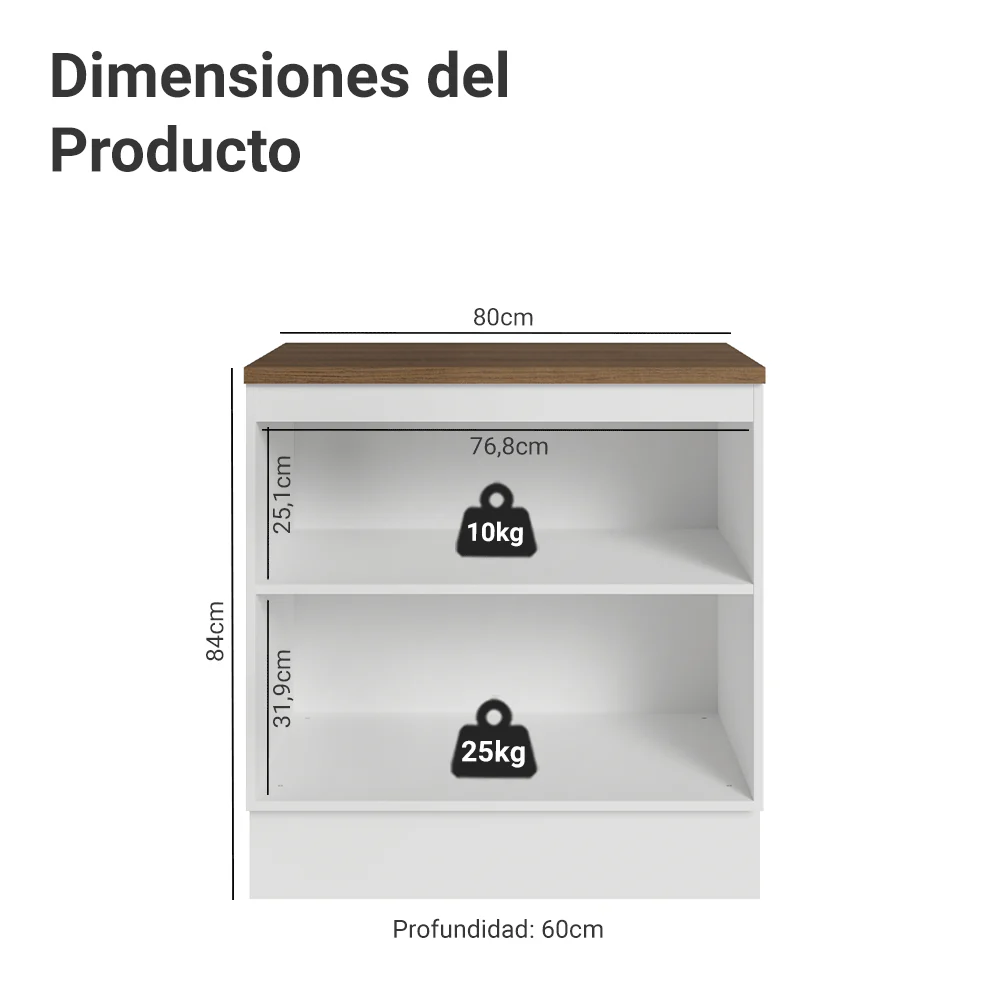 Bajo Mesada de Cocina 80 x 60 cm 2 Puertas (con Mesada) Blanco/Marrón Vik Madesa - Image 2