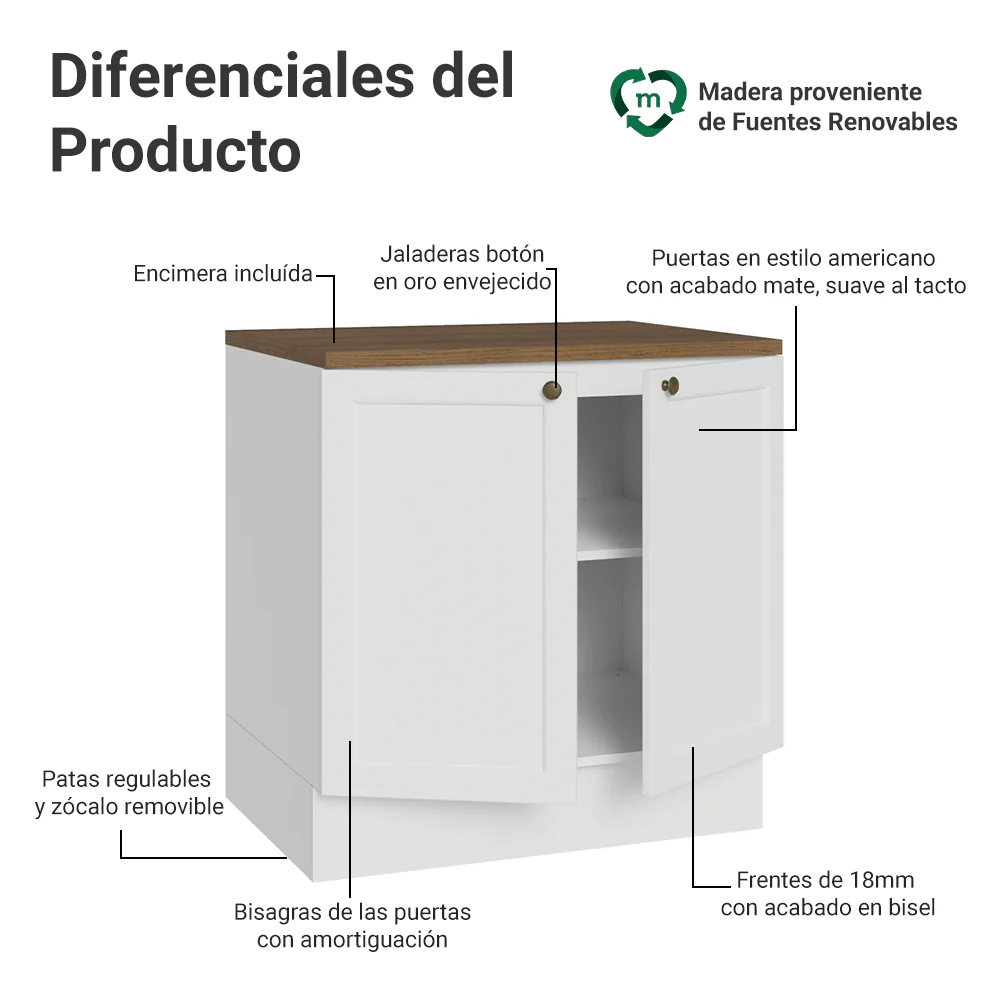 Bajo Mesada de Cocina 80 x 60 cm 2 Puertas (con Mesada) Blanco/Marrón Vik Madesa - Image 3