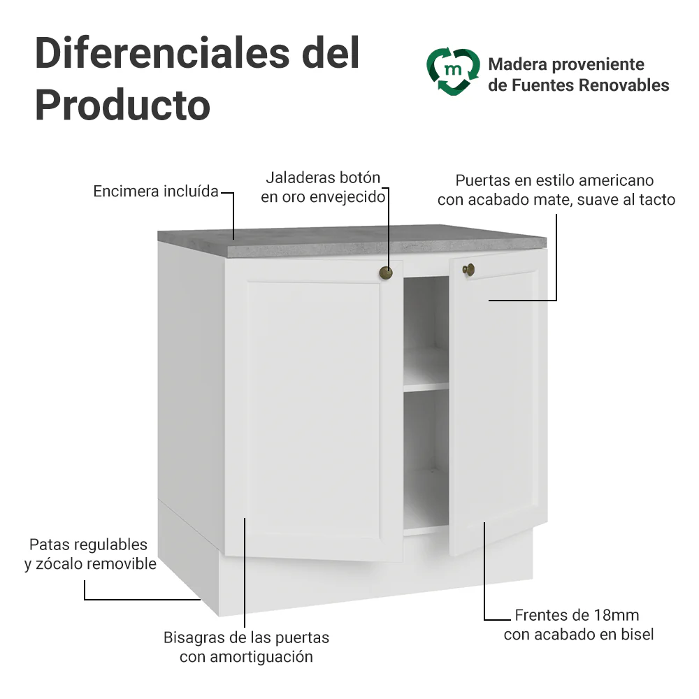 Bajo Mesada de Cocina 80 x 60 cm 2 Puertas (con Mesada) Blanco Vik Madesa - Image 3