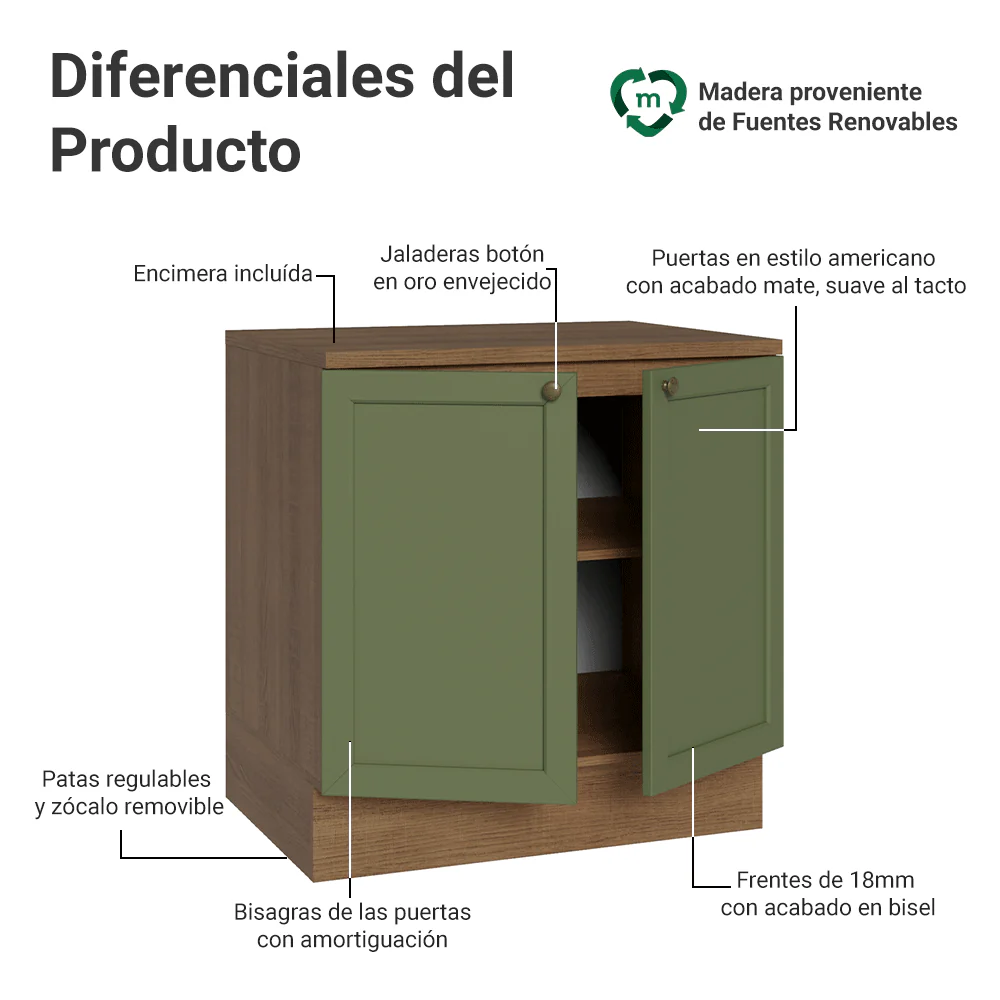 Bajo Mesada de Cocina 80 x 60 cm 2 Puertas (con Mesada) Marrón/Verde Vik Madesa - Image 3