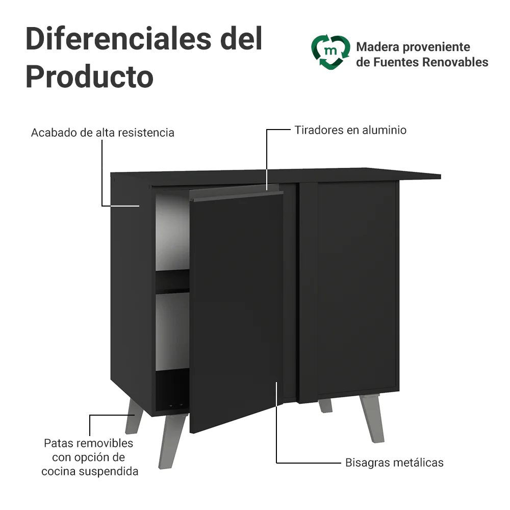 Bajo Mesada Esquinero 1 Puerta con Patas Negro Nice Madesa - Image 3