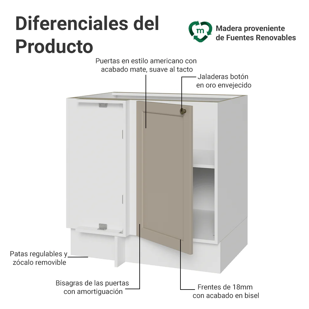 Bajo Mesada Esquinero para Línea de 60 cm Profundidad (Sin Mesada) Blanco/Crema Vik Madesa - Image 4